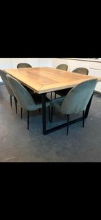 Massief houten tafels + 6 stoelen, Metaal, Zo goed als nieuw
