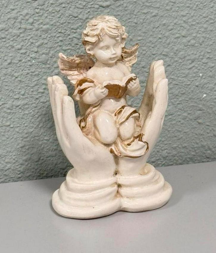Antiek beeld beeldje cherubijn engel in hand handen met boek, Antiek en Kunst, Antiek | Religieuze voorwerpen, Ophalen of Verzenden