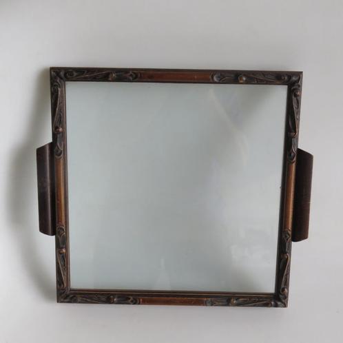 Vintage dienblad hout gesculpteerd met glas, jaren 50, Antiek en Kunst, Curiosa en Brocante, Ophalen of Verzenden