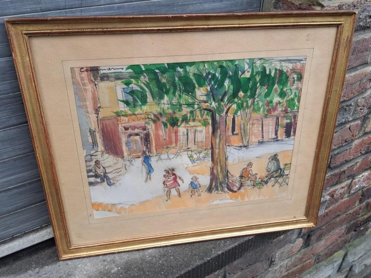 aquarelle place animee signe raymond coumans, Antiek en Kunst, Kunst | Schilderijen | Klassiek, Ophalen of Verzenden