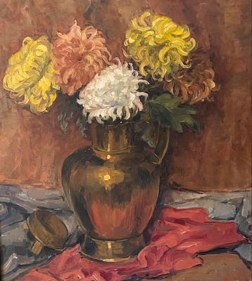 Oud schilderij op doek, gesigneerd, bloemen beschikbaar voor biedingen