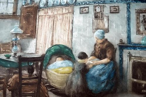 Franz Charlet (1862-1928) - Gravure en couleurs - Le foyer, Antiquités & Art, Art | Eaux-fortes & Gravures, Enlèvement ou Envoi