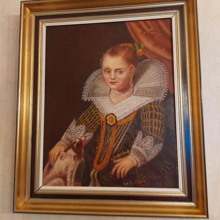 Portret van een meisje met hond, Jan Op De Beeck, Antiquités & Art, Art | Peinture | Classique, Enlèvement