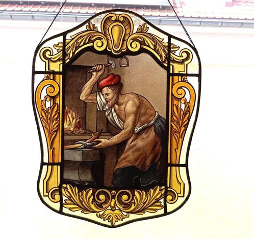oud glasraam loodglas schilderij gesigneerd, Antiek en Kunst, Kunst | Schilderijen | Klassiek, Ophalen of Verzenden
