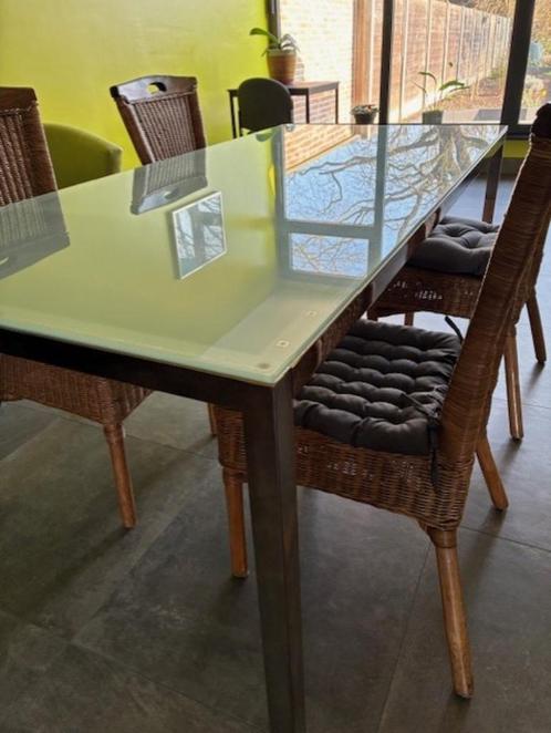 Grote eettafel met glazen blad en chroom poten 180cm, Huis en Inrichting, Tafels | Eettafels, Zo goed als nieuw, 50 tot 100 cm