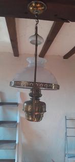 Antieke koperen luster met witte kap, Antiek en Kunst, Ophalen of Verzenden