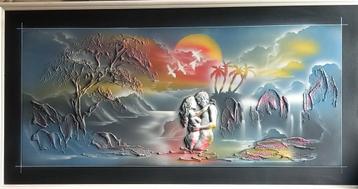 Kunstwerk op houten tableau met naakt beeldhouwwerk  beschikbaar voor biedingen