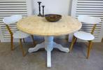 Prachtige witte landelijke ronde uitschuifbare tafel, Ophalen, Wit landelijk rustiek Riviera Maison, 100 tot 150 cm, Rond