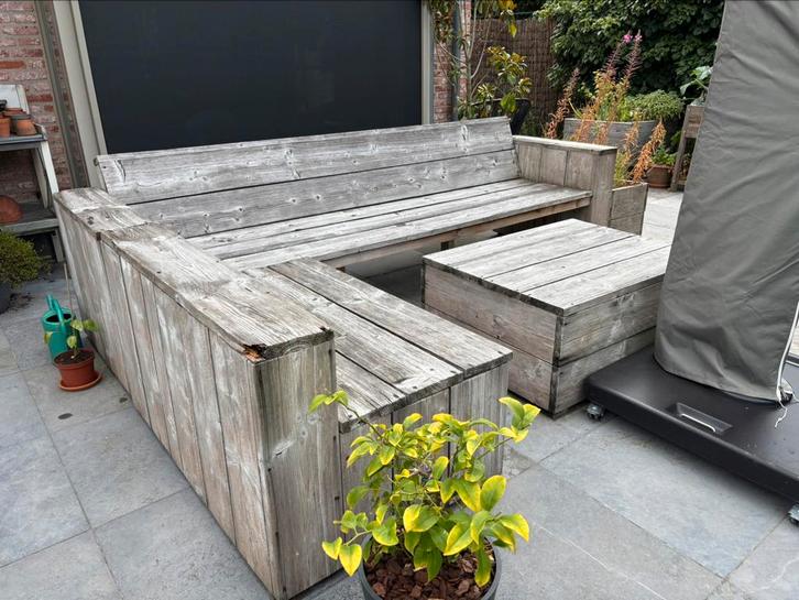 Steigerhouten loungeset, Tuin en Terras, Tuinsets en Loungesets, Gebruikt, Loungeset, Steigerhout, 8 zitplaatsen, Bank, Bijzettafel