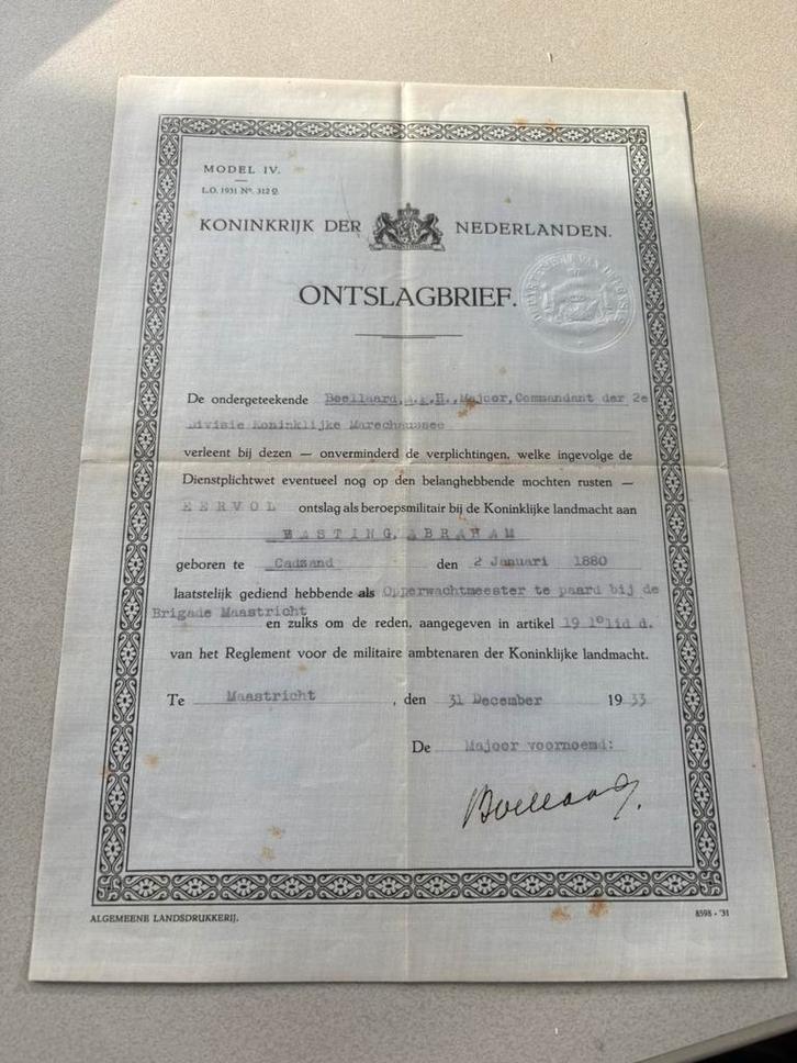 Ontslagbrief Koninklijke Marechaussee Abraham Basting (1933), Verzamelen, Militaria | Algemeen, Verzenden