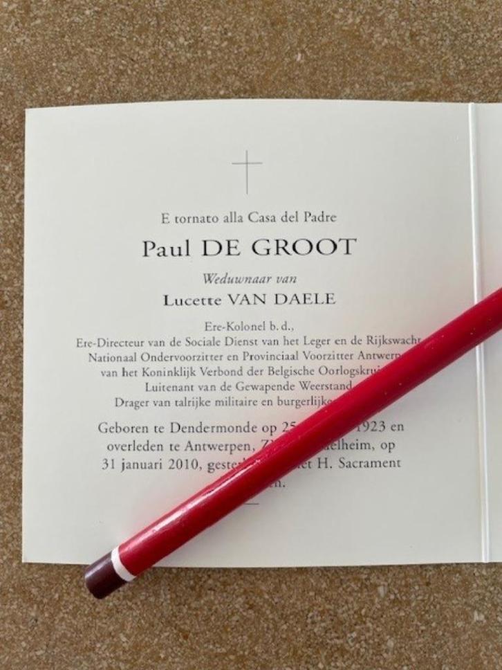 BP KOLONEL/VOORZITTER OORLOGSKRUISEN DHR PAUL DE GROOT 1923, Verzamelen, Bidprentjes en Rouwkaarten, Bidprentje, Ophalen of Verzenden