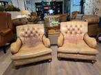 2 x Stoere lounge Chesterfield fauteuils Camel Cognac, Ophalen of Verzenden