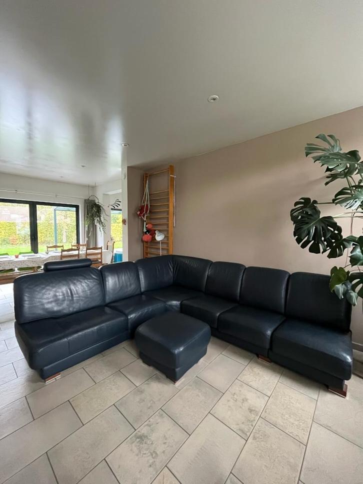 Blauwe lederen zetel, Huis en Inrichting, Zetels | Zetels, Gebruikt, Hoekbank, Vierpersoons of meer, 300 cm of meer, 150 cm of meer