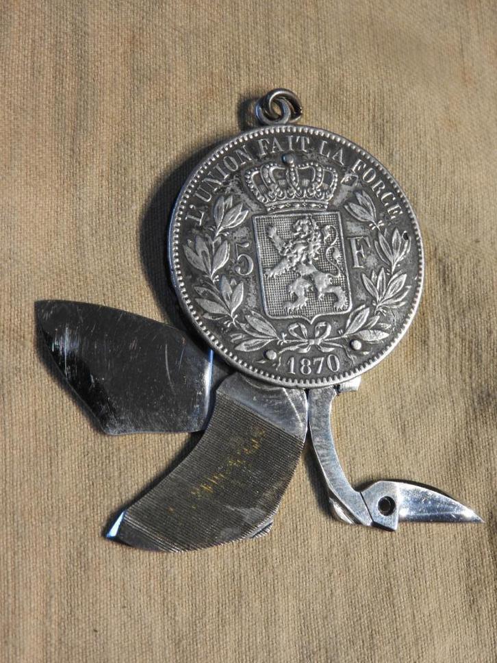 Manicure set zilveren munt 5 Fr Leopold II 1870 ELOI DEPOSE, Antiek en Kunst, Antiek | Zilver en Goud, Zilver, Ophalen of Verzenden