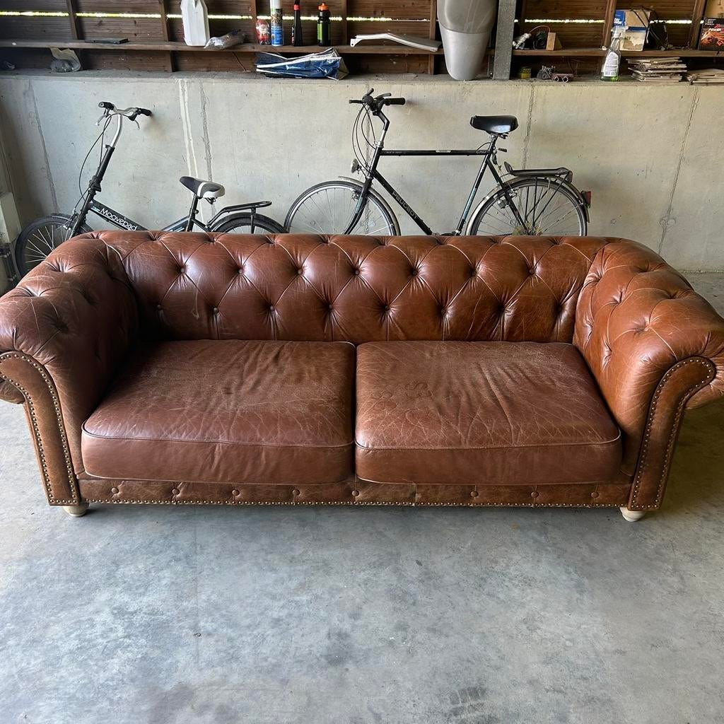 Chesterfield 3zits - bruin leer - vintage look, Trois personnes, 200 à 250 cm, Enlèvement, Utilisé