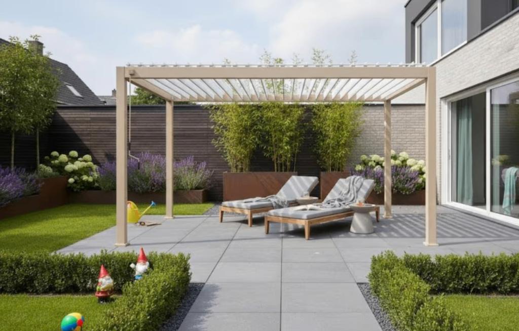 Bioklimatische pergola houtlook en wit 4 x3m, Jardin & Terrasse, Verrières, Enlèvement