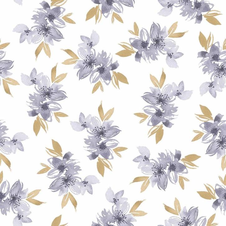 Jersey stof digital flowers and leaves, white/lavender, Hobby en Vrije tijd, Stoffen en Lappen, Nieuw, Katoen, 120 cm of meer