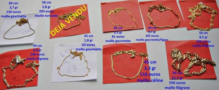 Chaînes/colliers fin(e)s en or 9K NEUVES de 45 à 60 cm, Handtassen en Accessoires, Kettingen, Nieuw, Goud, Goud, Ophalen of Verzenden