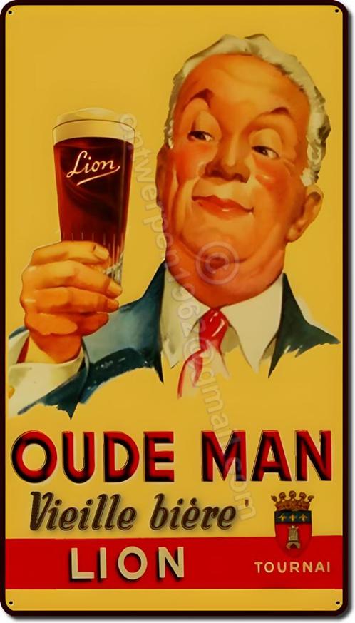 OUDE MAN BIER LION retro ontwerp op dubbel metaal  70cmx40cm, Verzamelen, Merken en Reclamevoorwerpen, Zo goed als nieuw, Reclamebord