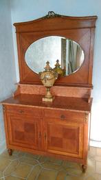 Dressoir met spiegel in massief eik marmer en brons, Ophalen, Eikenhout, Met deur(en)