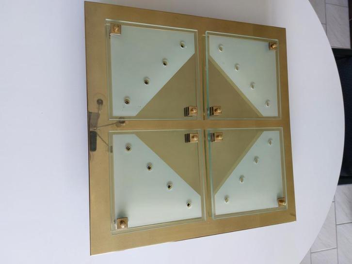 Plafonier koper en glas 50x50 cm halogeen 220V - 12V, Huis en Inrichting, Lampen | Spots, Gebruikt, Plafondspot of Wandspot, Metaal of Aluminium