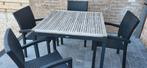 Tuintafel en 4 stoelen van teakhout voor buiten, Ophalen, Gebruikt, Teakhout, 4 zitplaatsen