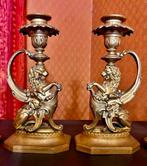 Twee antieke bronzen kandelaars uit de 19e eeuw, Ophalen of Verzenden
