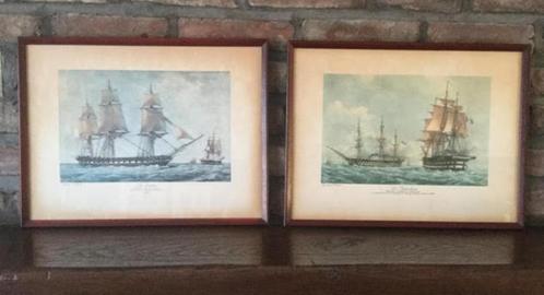 Decoratief 2 prenten aquarel oude marineschepen (F. ROUX), Antiek en Kunst, Curiosa en Brocante, Ophalen of Verzenden
