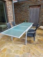 Moderne glazen tafel met metalen frame met zes stoelen, 50 tot 100 cm, Modern, Gebruikt, Rechthoekig