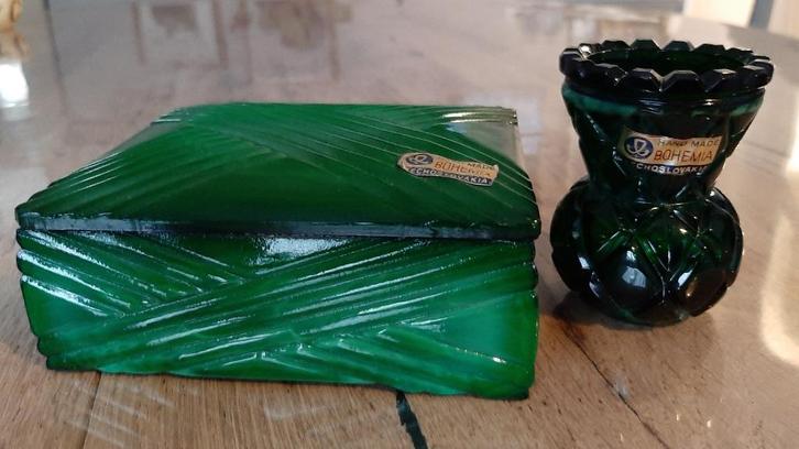 Antieke Art Deco Juwelendoos in Malachietglas, Antiek en Kunst, Antiek | Glaswerk en Kristal, Ophalen of Verzenden