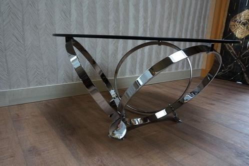 Sale: Vintage Space Age salontafel met glazen blad, Huis en Inrichting, Tafels | Salontafels, Gebruikt, Rond, Glas, Metaal, Ophalen