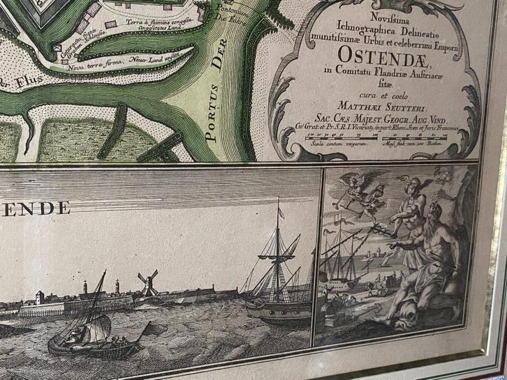 Ingekleurde kopergravure "Oostende" Matthäus Seutter, Antiek en Kunst, Kunst | Etsen en Gravures, Ophalen