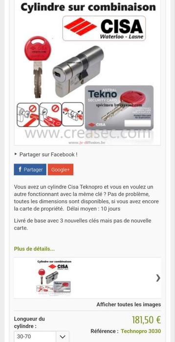 Barillet sécurisé CISA TEKNOPRO 2 clés et carte, Enlèvement ou Envoi