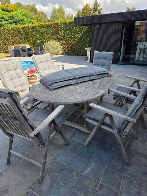 Teak tuinset met kussens erbij en 6 stoelen, Tuin en Terras, Tuinsets en Loungesets, Zo goed als nieuw, Tuinset, Ophalen