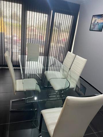 Table en verre + 5 chaises, 150 à 200 cm, Cinq personnes ou plus, Verre, Enlèvement