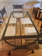 Smeedijzere tafel en 6 stoelen + glazen blad, Ophalen, Overige materialen, 50 tot 100 cm, Vijf personen of meer