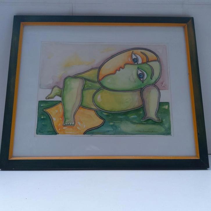 "Relax". Origineel ingelijst aquarel. 55 x44 cm., Antiek en Kunst, Kunst | Schilderijen | Modern, Ophalen