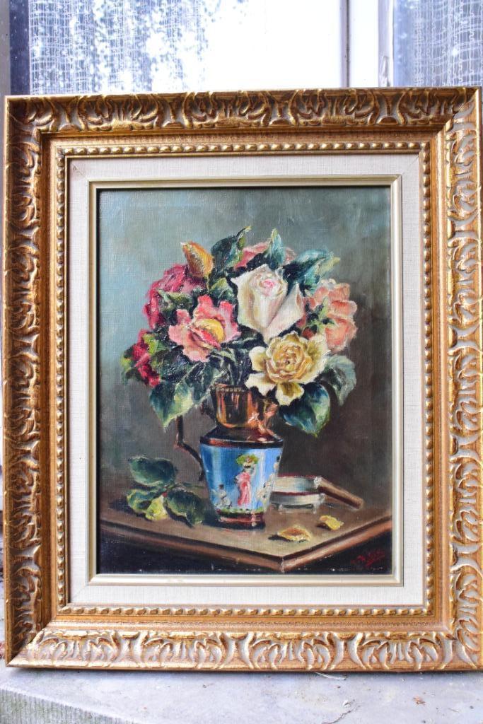 Schilderijtje op doek met bloemen, getekend., Antiek en Kunst, Kunst | Schilderijen | Klassiek, Ophalen of Verzenden