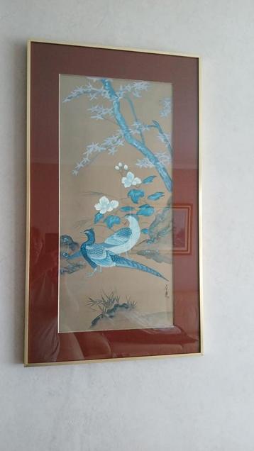 Aziatisch schilderij met 2 fazanten of pauwen  beschikbaar voor biedingen