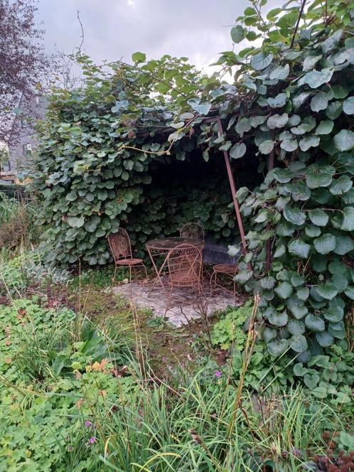 Antiek tuintafel en 4 stoelen. Normandië., Jardin & Terrasse, Tables de jardin, Utilisé, Rond, Métal, Enlèvement ou Envoi