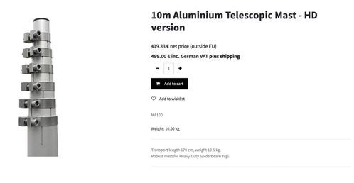 Spiderbeam Alumast 10m HD version., Telecommunicatie, Antennes en Masten, Zo goed als nieuw, Mast, Ophalen