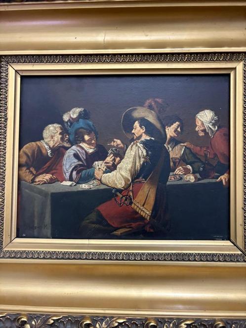 The Card Players – Oil on Canvas – Signed Michael Scholowei, Antiek en Kunst, Kunst | Schilderijen | Klassiek, Ophalen of Verzenden