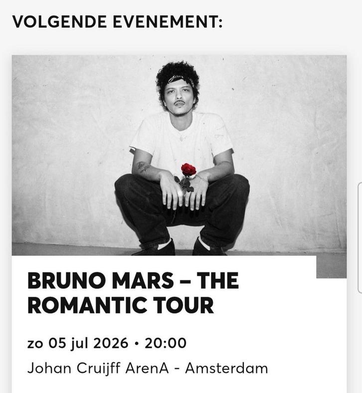 2 tickets Bruno Mars zondag 5 juli (Amsterdam), Tickets en Kaartjes, Concerten | Pop, Twee personen, Juli