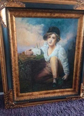 Klassieke schilderij Boy &Rabbit  beschikbaar voor biedingen