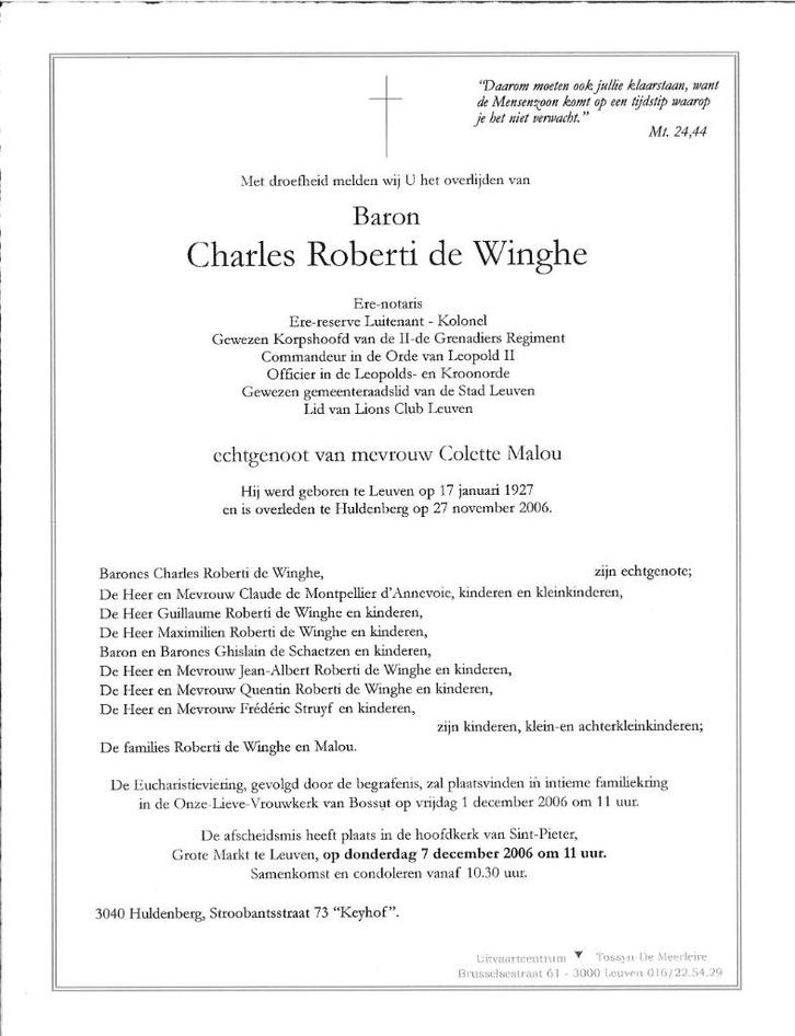 Nécrologie et carte de remerciement Baron Charles Roberti de, Collections, Images pieuses & Faire-part, Enlèvement ou Envoi