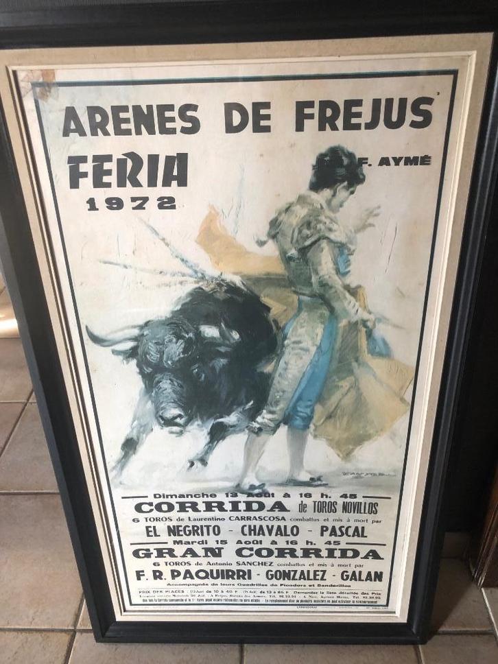 Affiche Arenes De Frejus Feria 1972 - ingekaderd, Verzamelen, Posters, Gebruikt, Sport, A1 t/m A3, Rechthoekig Staand, Met lijst