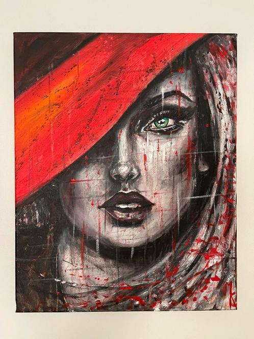 Peinture originale avec accent rouge - Mk Art, Antiquités & Art, Art | Peinture | Moderne, Enlèvement ou Envoi