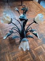 Luster in metaal met 6 glazen lampekapjes, Huis en Inrichting, Ophalen, Glas