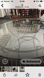 gietijzeren tuintafel met rond glazen blad en 4 stoelen, Ophalen, Gebruikt, Rond