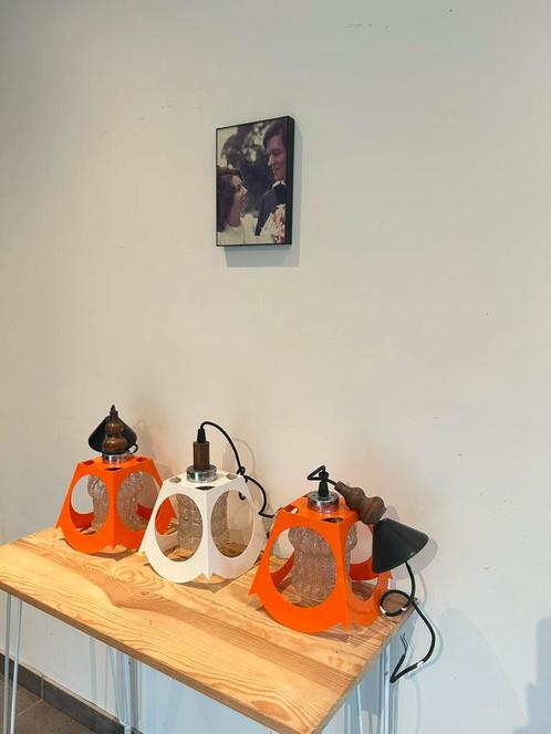 3 retro hanglampen, Huis en Inrichting, Lampen | Hanglampen, Gebruikt, Glas, Kunststof, Ophalen